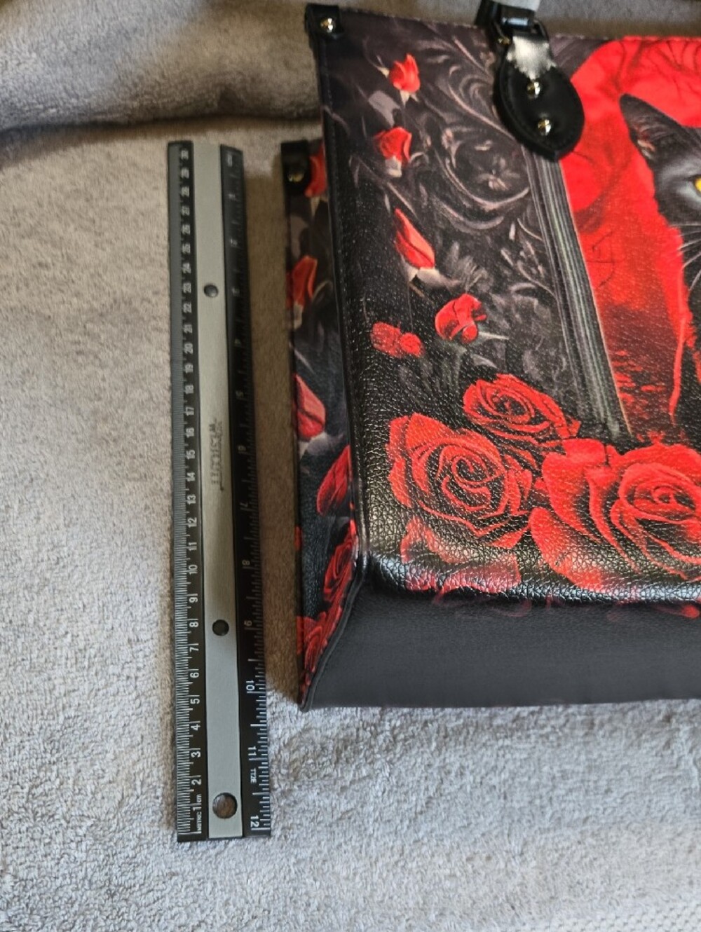 Black Cat Print Tote Bag with Red Rose Accents - Picture 3 of 5